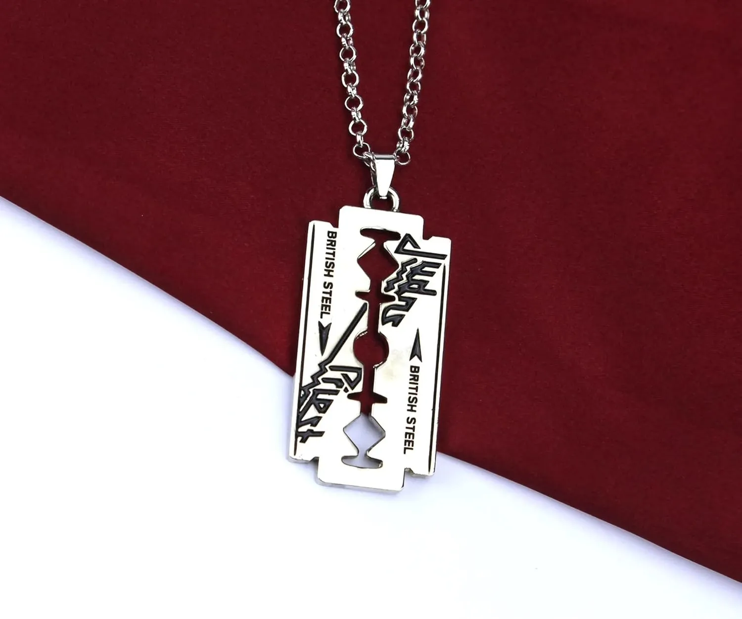 LUSSO Silver Gothic Punk Judas Priest Razor Blade Necklace for Men - Long Chain Pendant, Hip Hop Bracelet, Unisex Christmas Gifts
