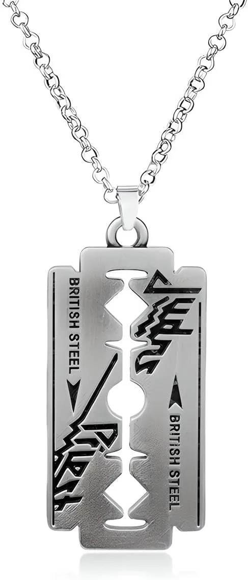LUSSO Silver Gothic Punk Judas Priest Razor Blade Necklace for Men - Long Chain Pendant, Hip Hop Bracelet, Unisex Christmas Gifts