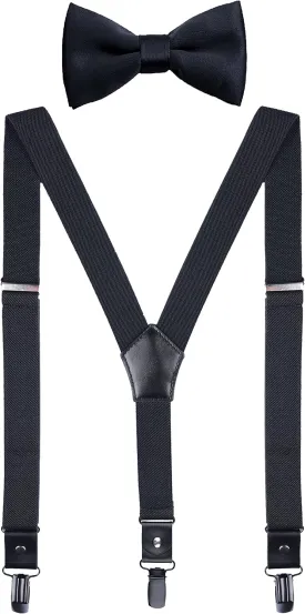Men's Boys' Suspenders and Bow Tie Set Adjustable with Black Metal Clips