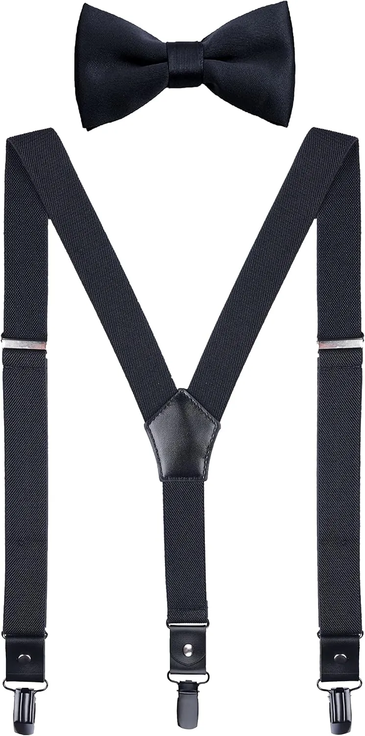 Men's Boys' Suspenders and Bow Tie Set Adjustable with Black Metal Clips