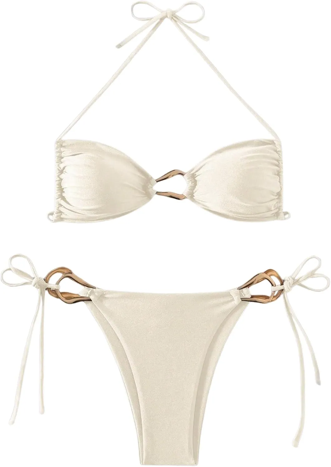 Milumia Women's 2 Piece Swimsuit Ring Linked Tie String Halter Thong Bikini Set Bathing Suits