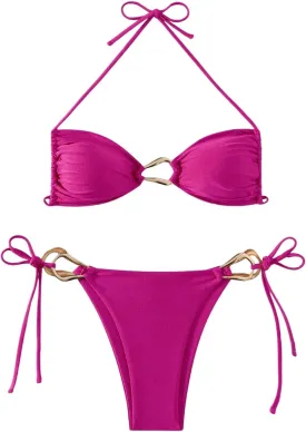 Milumia Women's 2 Piece Swimsuit Ring Linked Tie String Halter Thong Bikini Set Bathing Suits