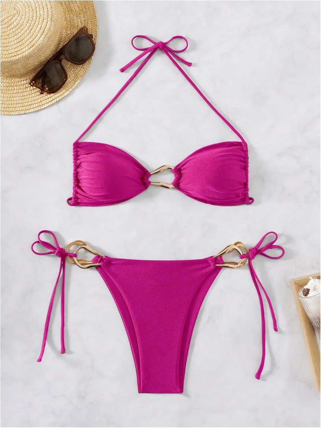 Milumia Women's 2 Piece Swimsuit Ring Linked Tie String Halter Thong Bikini Set Bathing Suits