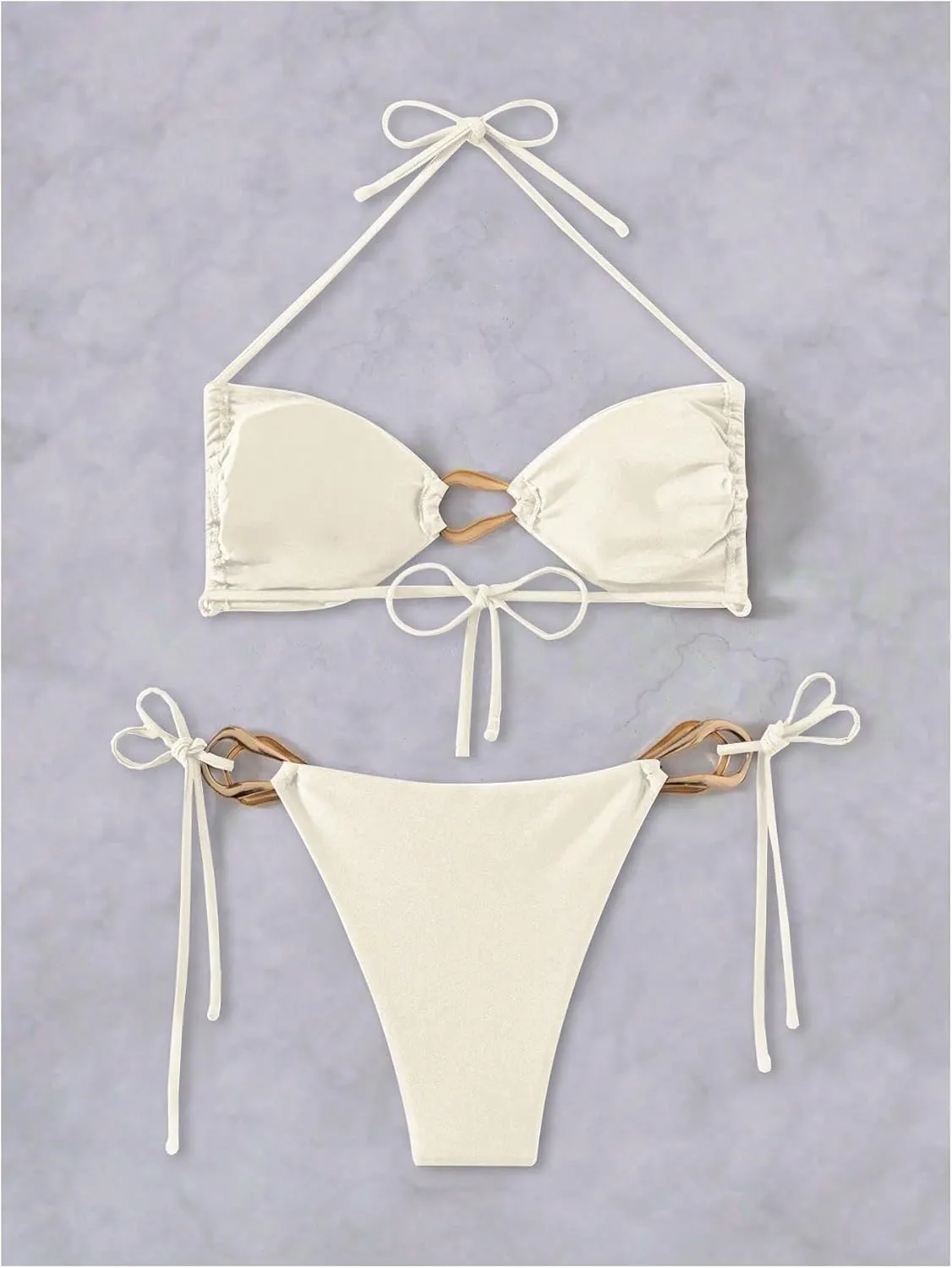 Milumia Women's 2 Piece Swimsuit Ring Linked Tie String Halter Thong Bikini Set Bathing Suits