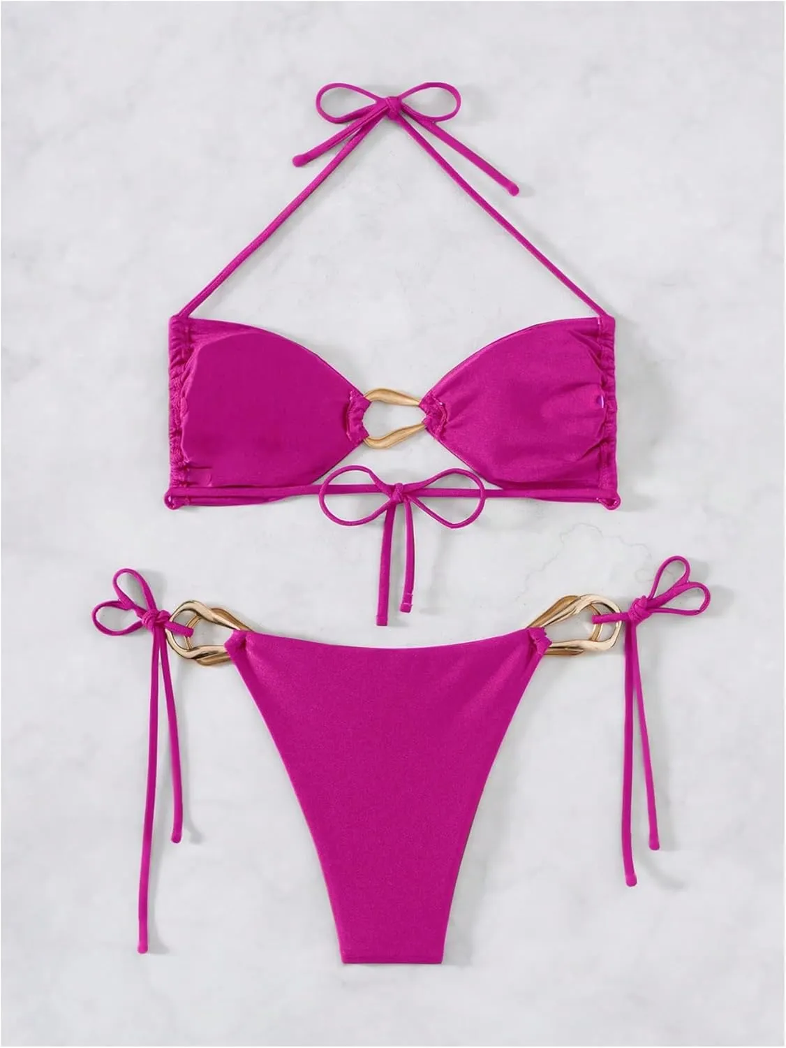 Milumia Women's 2 Piece Swimsuit Ring Linked Tie String Halter Thong Bikini Set Bathing Suits