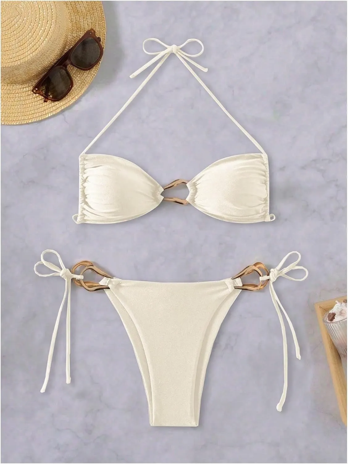Milumia Women's 2 Piece Swimsuit Ring Linked Tie String Halter Thong Bikini Set Bathing Suits