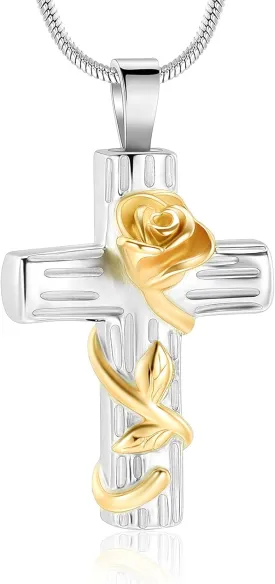 Minicremation Urn Necklace for Ashes Rose Flower Cross Cremation Jewelry Pendant for Human/Pet Funeral Keepsake Memorial Necklace