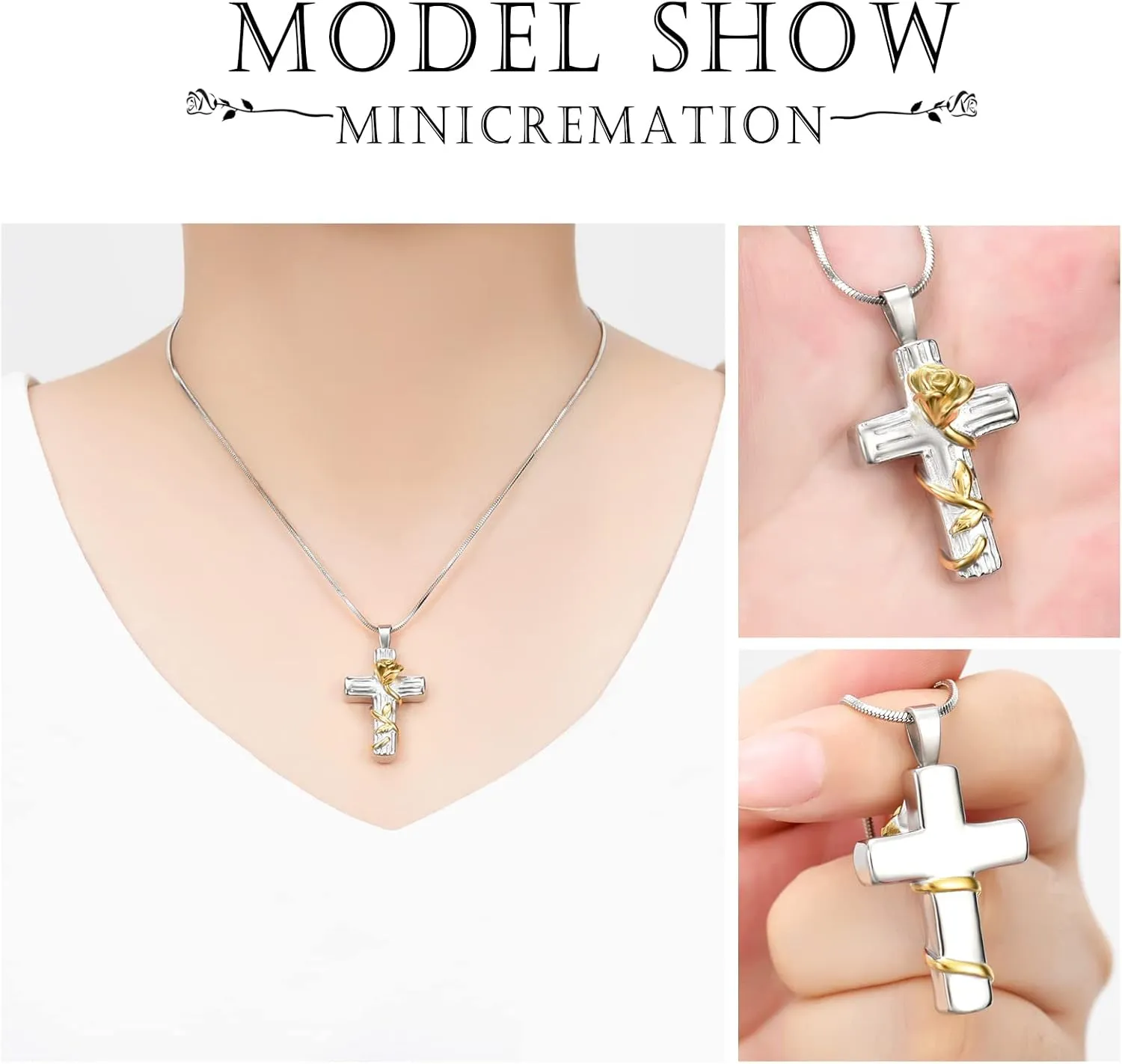 Minicremation Urn Necklace for Ashes Rose Flower Cross Cremation Jewelry Pendant for Human/Pet Funeral Keepsake Memorial Necklace