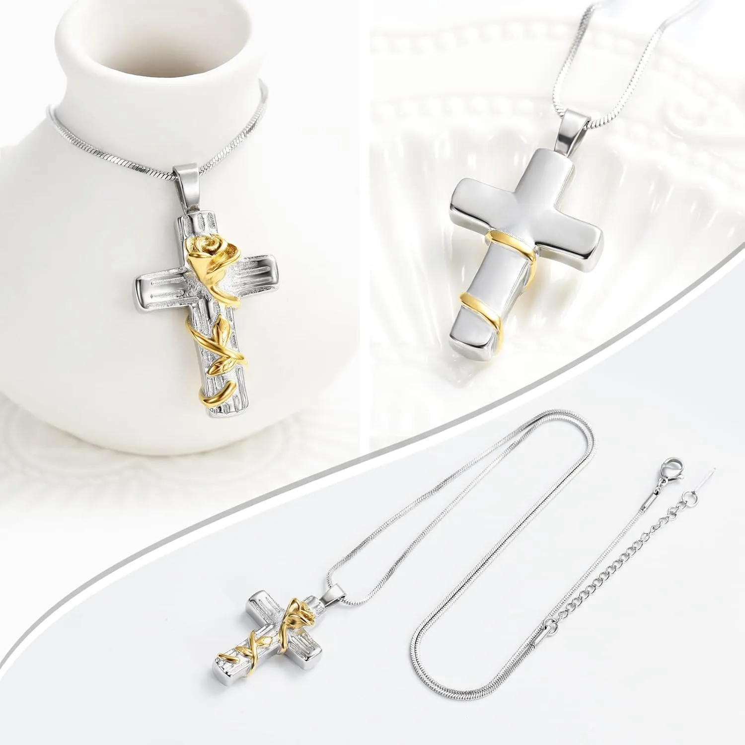 Minicremation Urn Necklace for Ashes Rose Flower Cross Cremation Jewelry Pendant for Human/Pet Funeral Keepsake Memorial Necklace