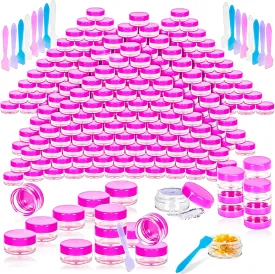 MotBach 100 Pcs 5g Empty Plastic Containers with Pink Lids,Mini Makeup Sample Containers, Small Sample Pot Jars Round Cosmetic Jars with Mini Spatulas for Liquid Sample Powder Creams Lotions
