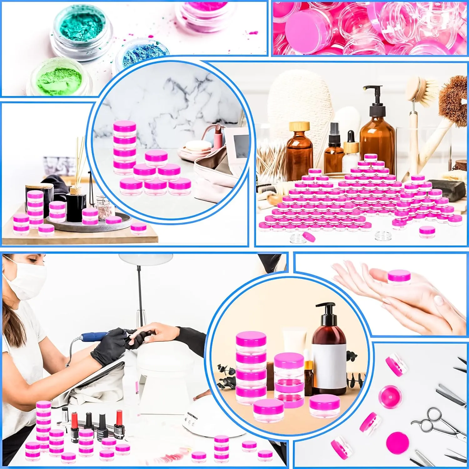 MotBach 100 Pcs 5g Empty Plastic Containers with Pink Lids,Mini Makeup Sample Containers, Small Sample Pot Jars Round Cosmetic Jars with Mini Spatulas for Liquid Sample Powder Creams Lotions