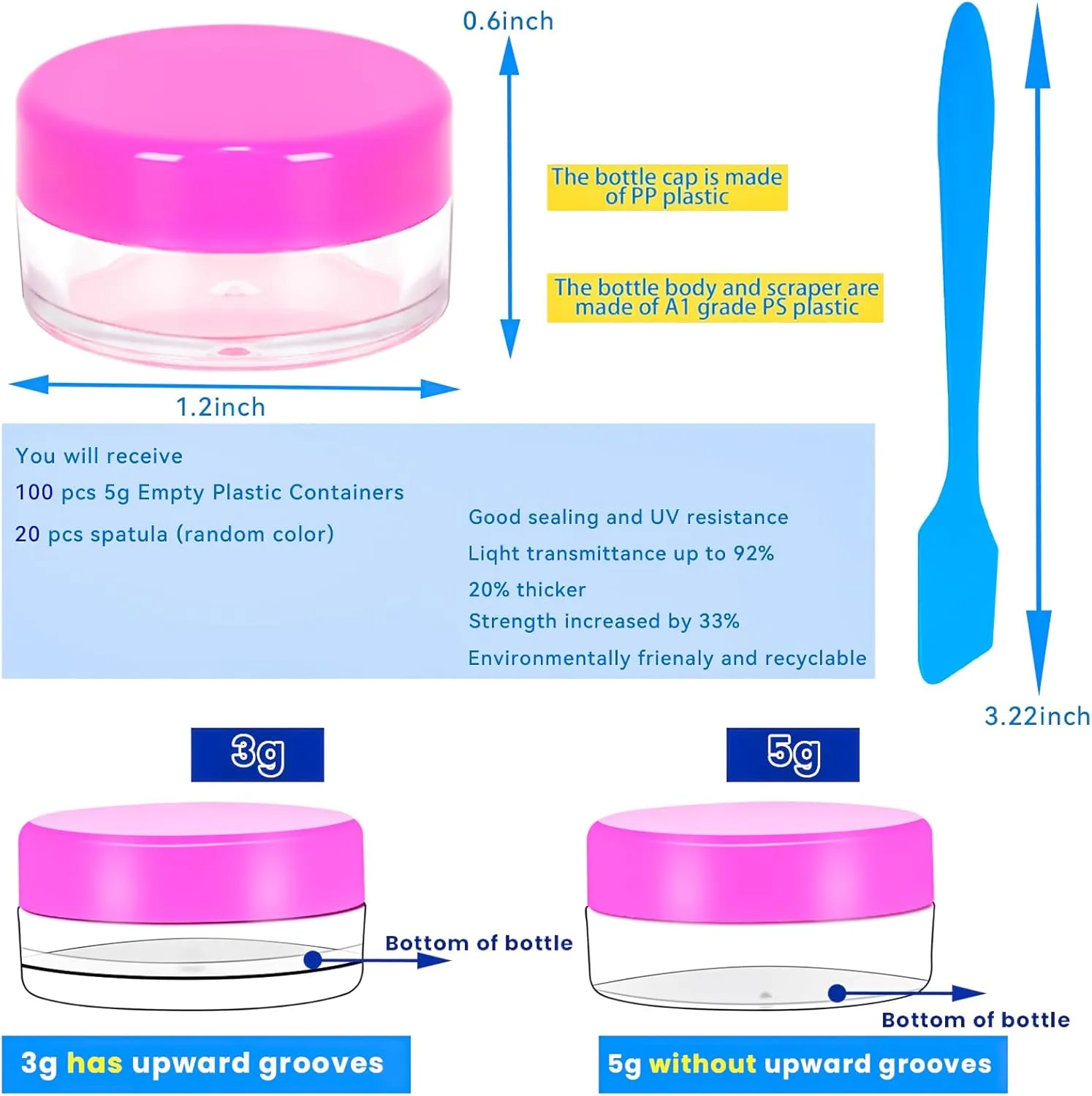 MotBach 100 Pcs 5g Empty Plastic Containers with Pink Lids,Mini Makeup Sample Containers, Small Sample Pot Jars Round Cosmetic Jars with Mini Spatulas for Liquid Sample Powder Creams Lotions