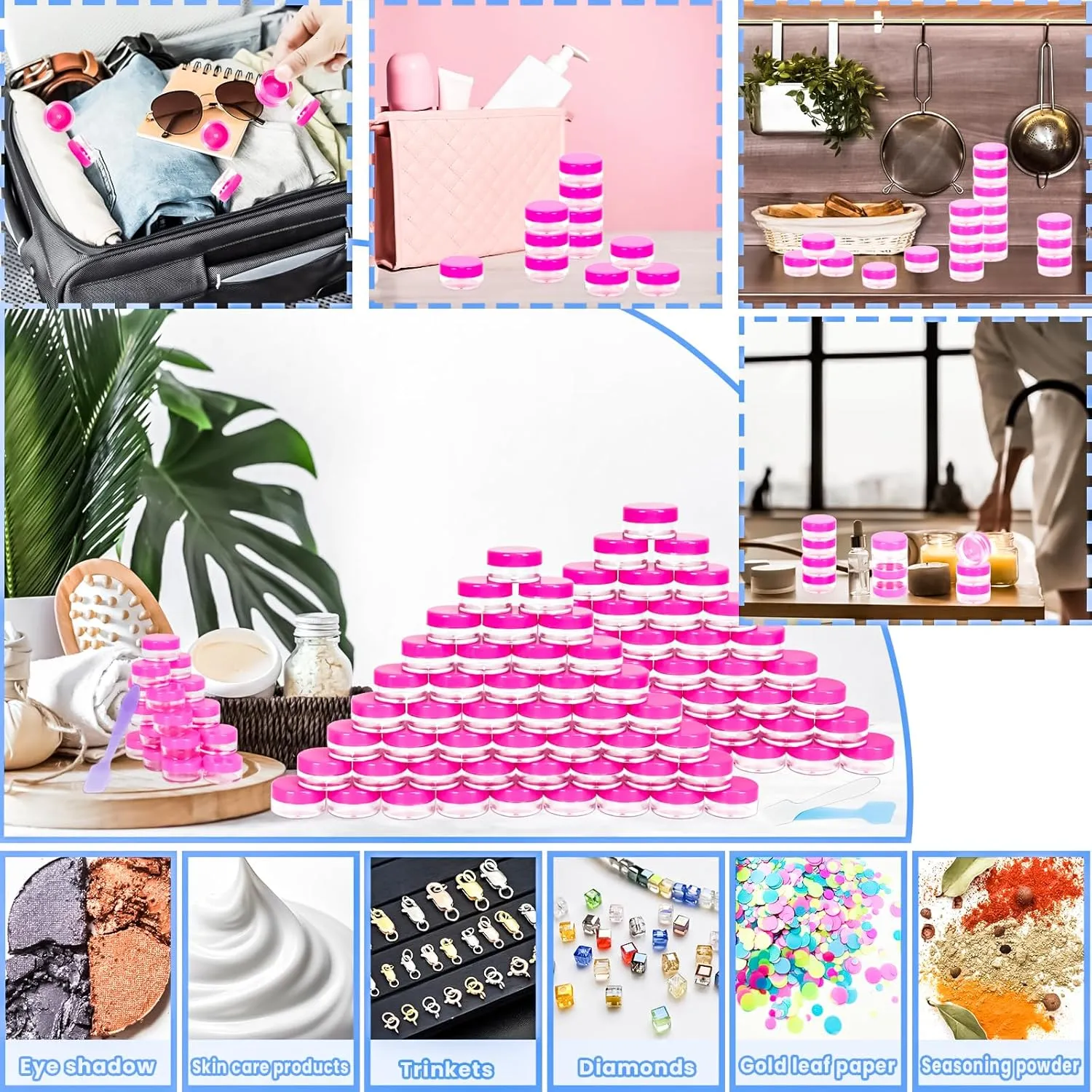 MotBach 100 Pcs 5g Empty Plastic Containers with Pink Lids,Mini Makeup Sample Containers, Small Sample Pot Jars Round Cosmetic Jars with Mini Spatulas for Liquid Sample Powder Creams Lotions