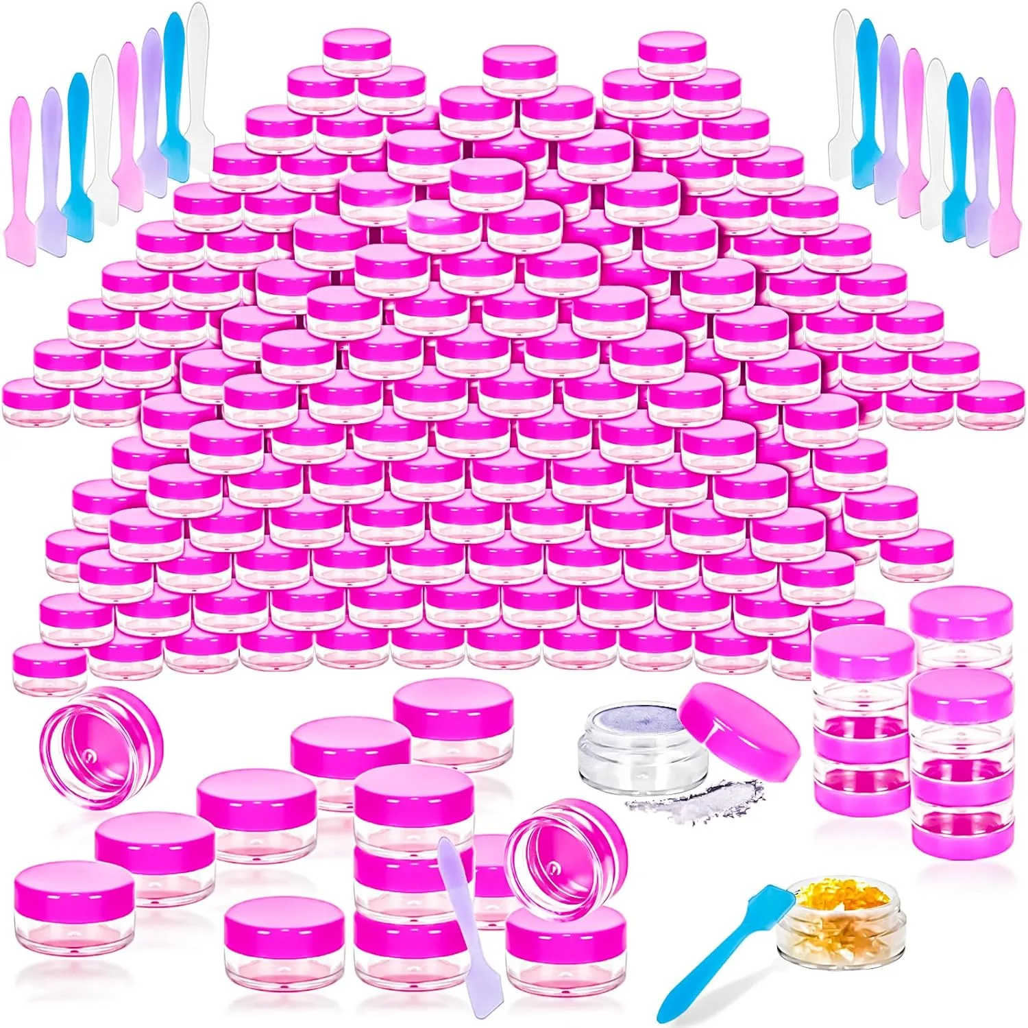 MotBach 100 Pcs 5g Empty Plastic Containers with Pink Lids,Mini Makeup Sample Containers, Small Sample Pot Jars Round Cosmetic Jars with Mini Spatulas for Liquid Sample Powder Creams Lotions