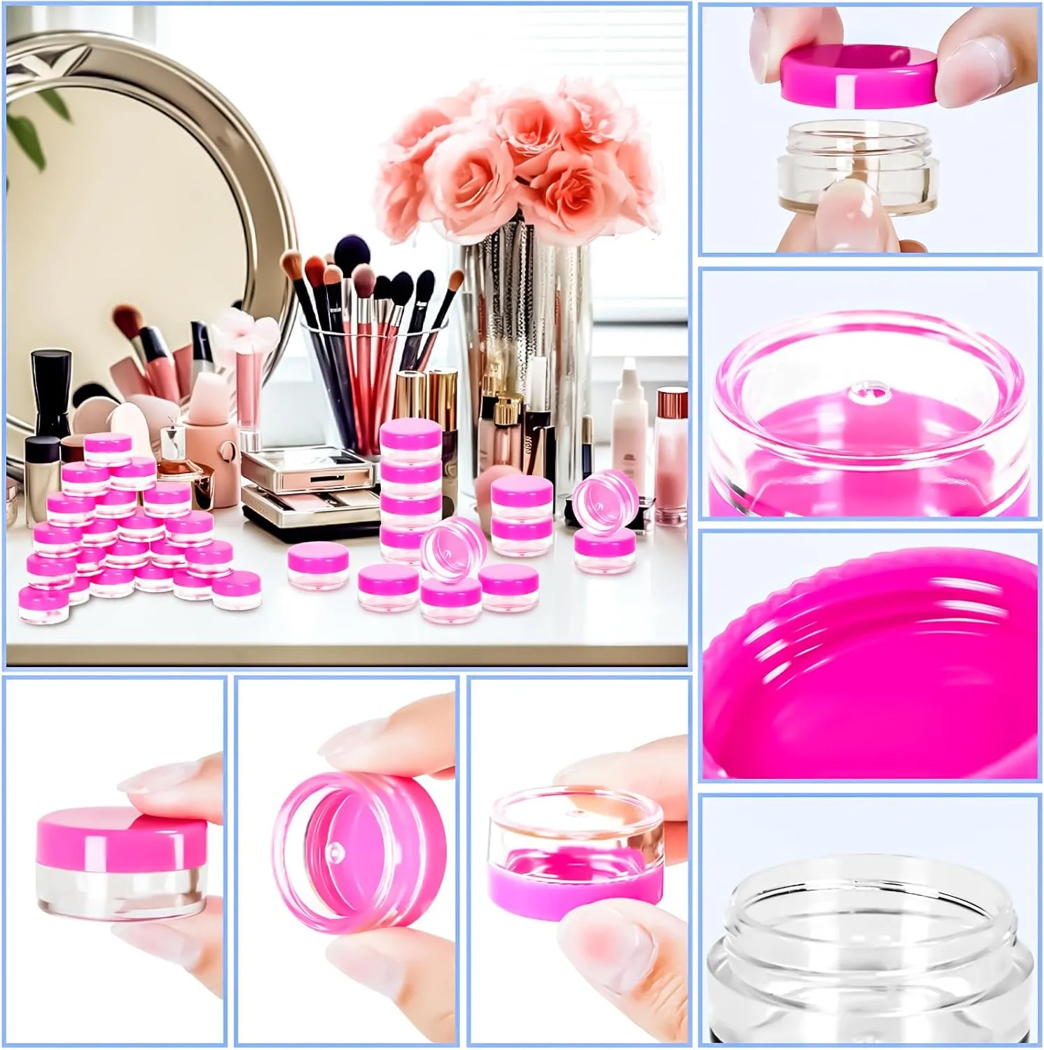 MotBach 100 Pcs 5g Empty Plastic Containers with Pink Lids,Mini Makeup Sample Containers, Small Sample Pot Jars Round Cosmetic Jars with Mini Spatulas for Liquid Sample Powder Creams Lotions