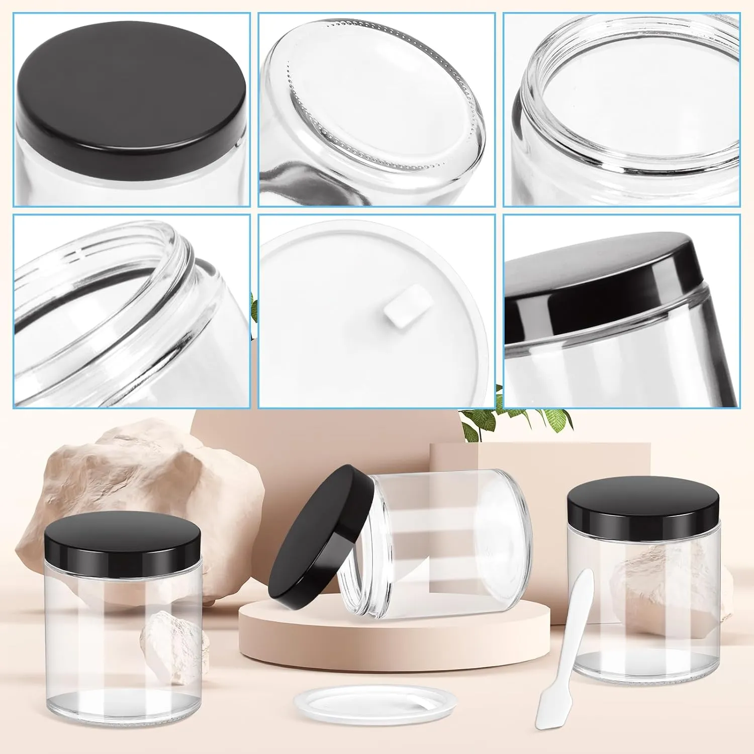 MotBach 2 Pack 8oz Glass Jars with Lids, Round Glass Jars with Spatulas, Inner Liners and Black Lids, Empty Cosmetic Containers Travel Toiletries Container for Lotion, Cream, Makeup, Cosmetic, Slime