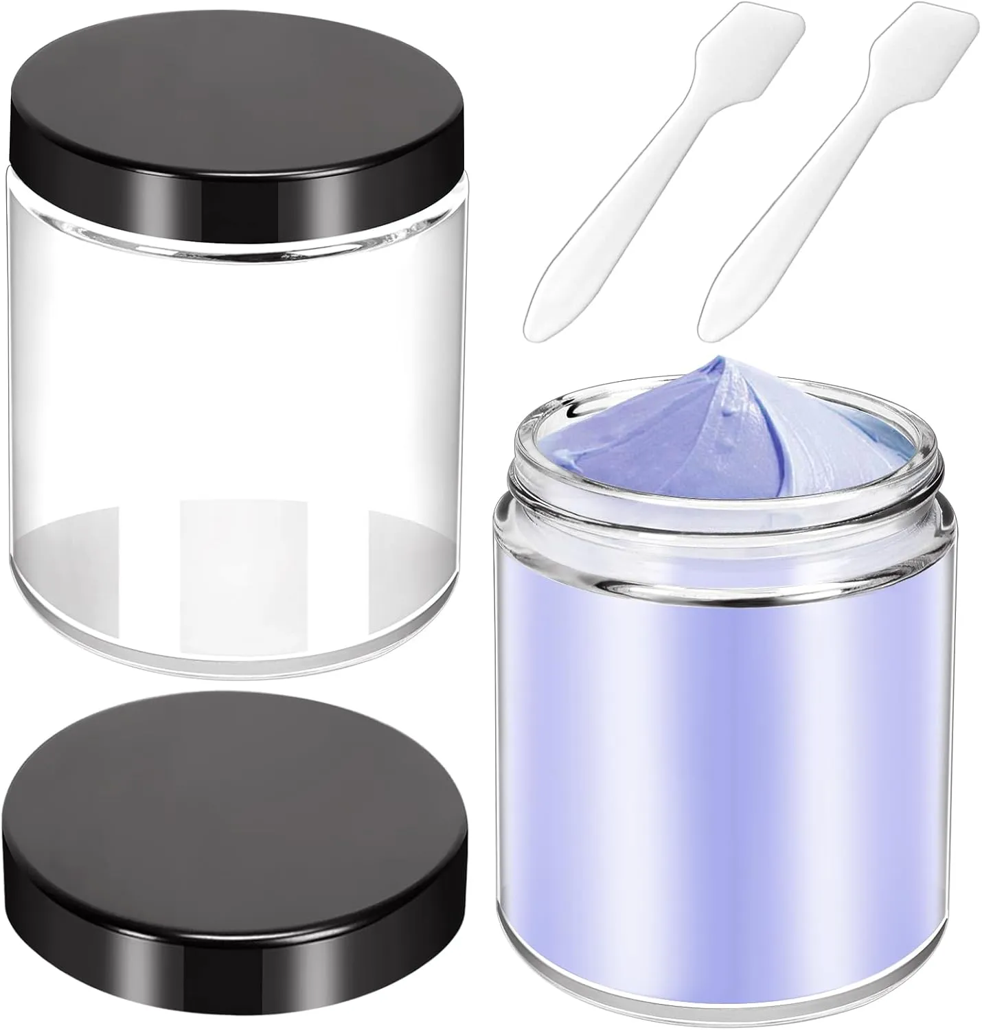 MotBach 2 Pack 8oz Glass Jars with Lids, Round Glass Jars with Spatulas, Inner Liners and Black Lids, Empty Cosmetic Containers Travel Toiletries Container for Lotion, Cream, Makeup, Cosmetic, Slime