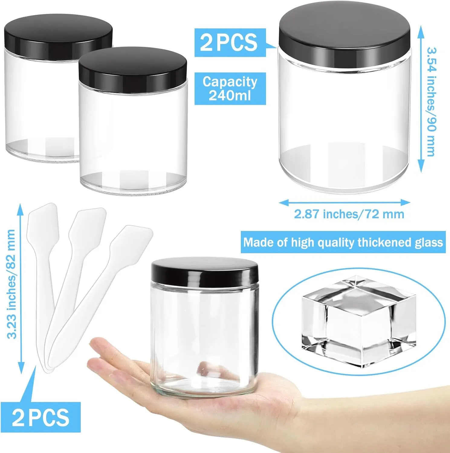 MotBach 2 Pack 8oz Glass Jars with Lids, Round Glass Jars with Spatulas, Inner Liners and Black Lids, Empty Cosmetic Containers Travel Toiletries Container for Lotion, Cream, Makeup, Cosmetic, Slime