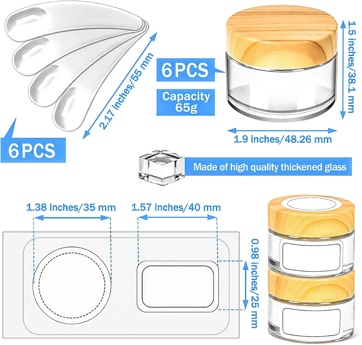 MotBach 6 Pack 1oz Glass Jars with Lids, 1ounce Small Glass Containers with Woodgrain Lid and Inner Liners, 30ml Clear Round Jars Travel Toiletries with Spatula for Makeup Cosmetic Powder Cream Lotion