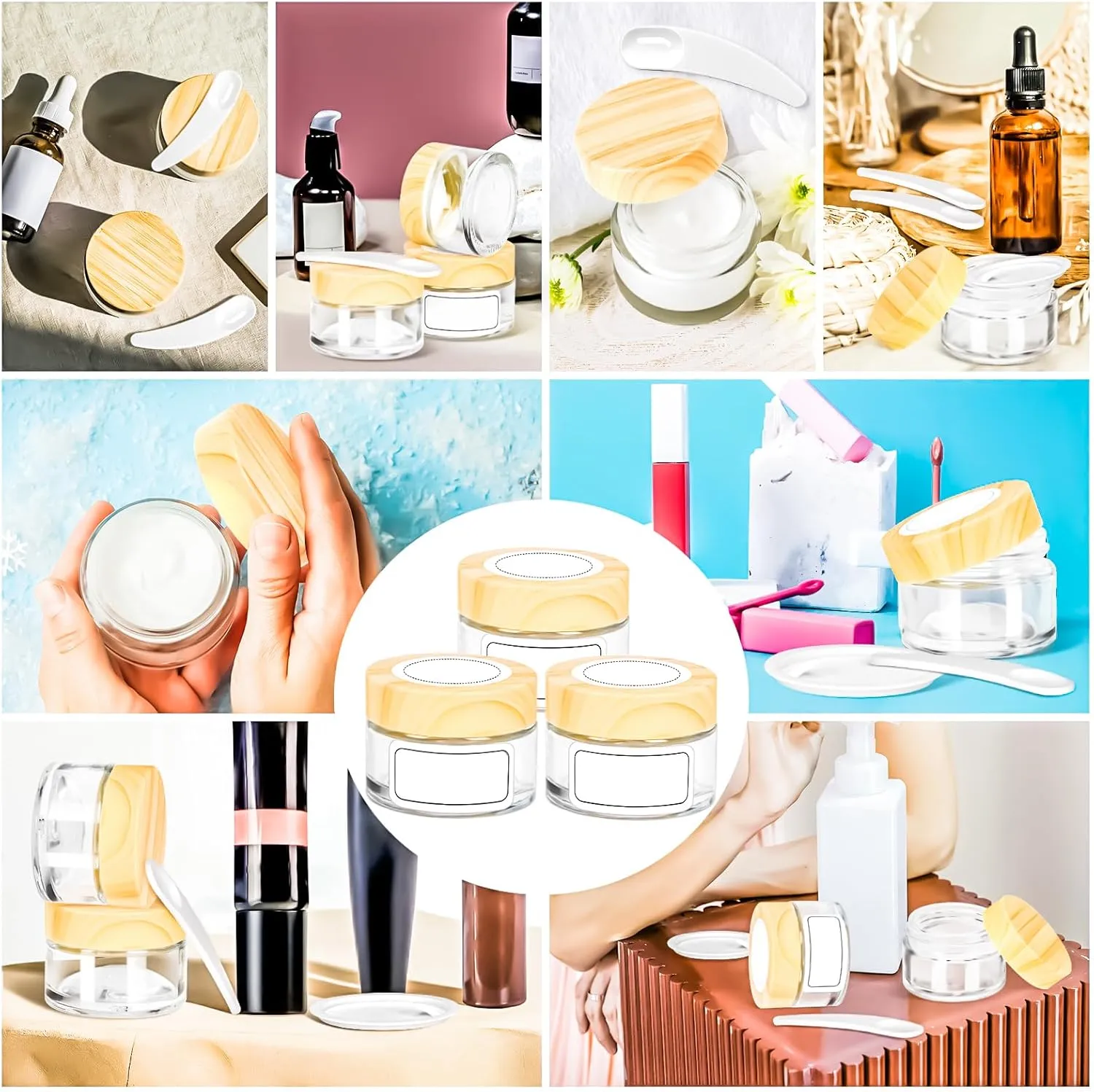MotBach 6 Pack 1oz Glass Jars with Lids, 1ounce Small Glass Containers with Woodgrain Lid and Inner Liners, 30ml Clear Round Jars Travel Toiletries with Spatula for Makeup Cosmetic Powder Cream Lotion