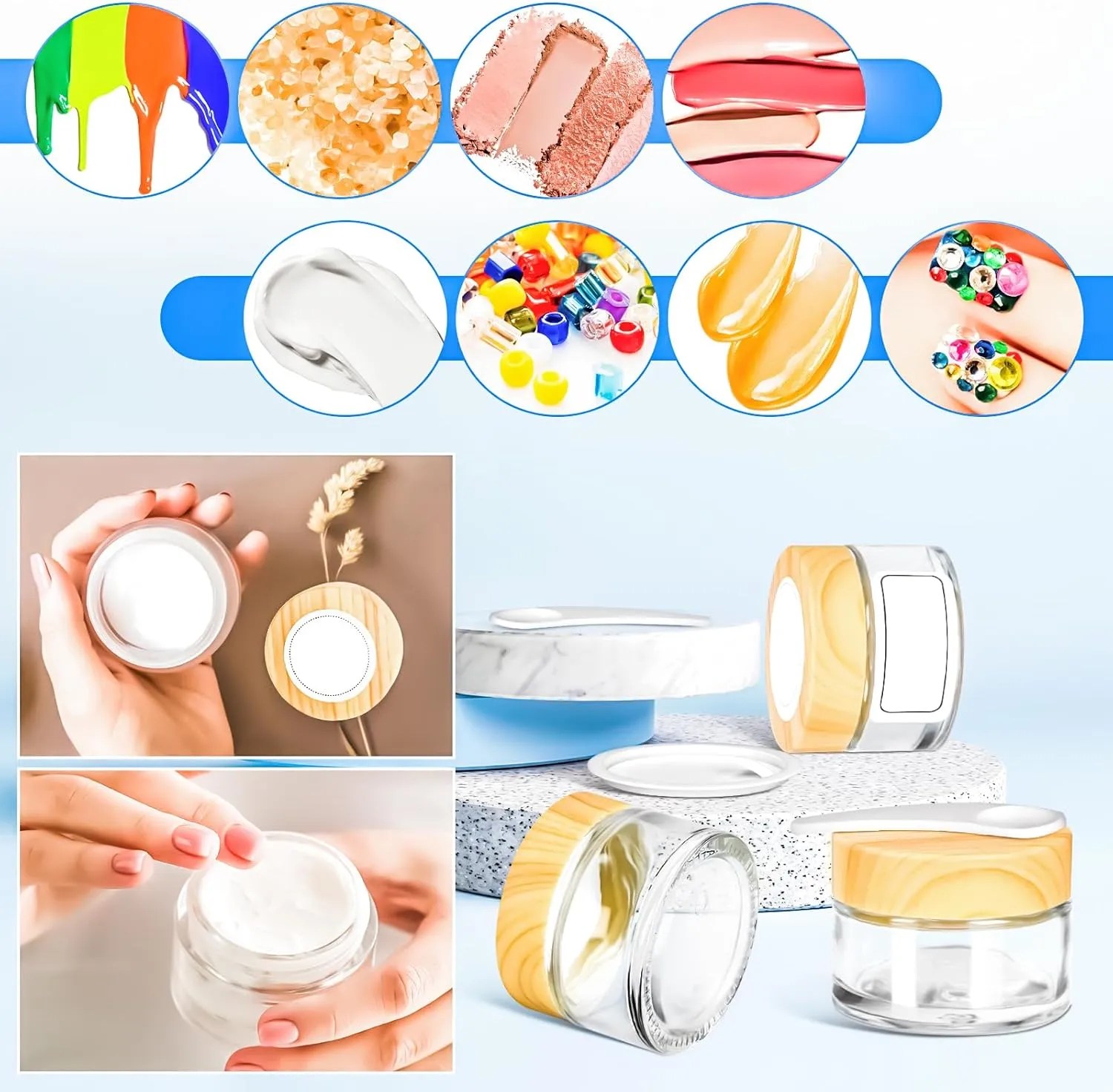 MotBach 6 Pack 1oz Glass Jars with Lids, 1ounce Small Glass Containers with Woodgrain Lid and Inner Liners, 30ml Clear Round Jars Travel Toiletries with Spatula for Makeup Cosmetic Powder Cream Lotion