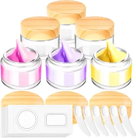 MotBach 6 Pack 1oz Glass Jars with Lids, 1ounce Small Glass Containers with Woodgrain Lid and Inner Liners, 30ml Clear Round Jars Travel Toiletries with Spatula for Makeup Cosmetic Powder Cream Lotion