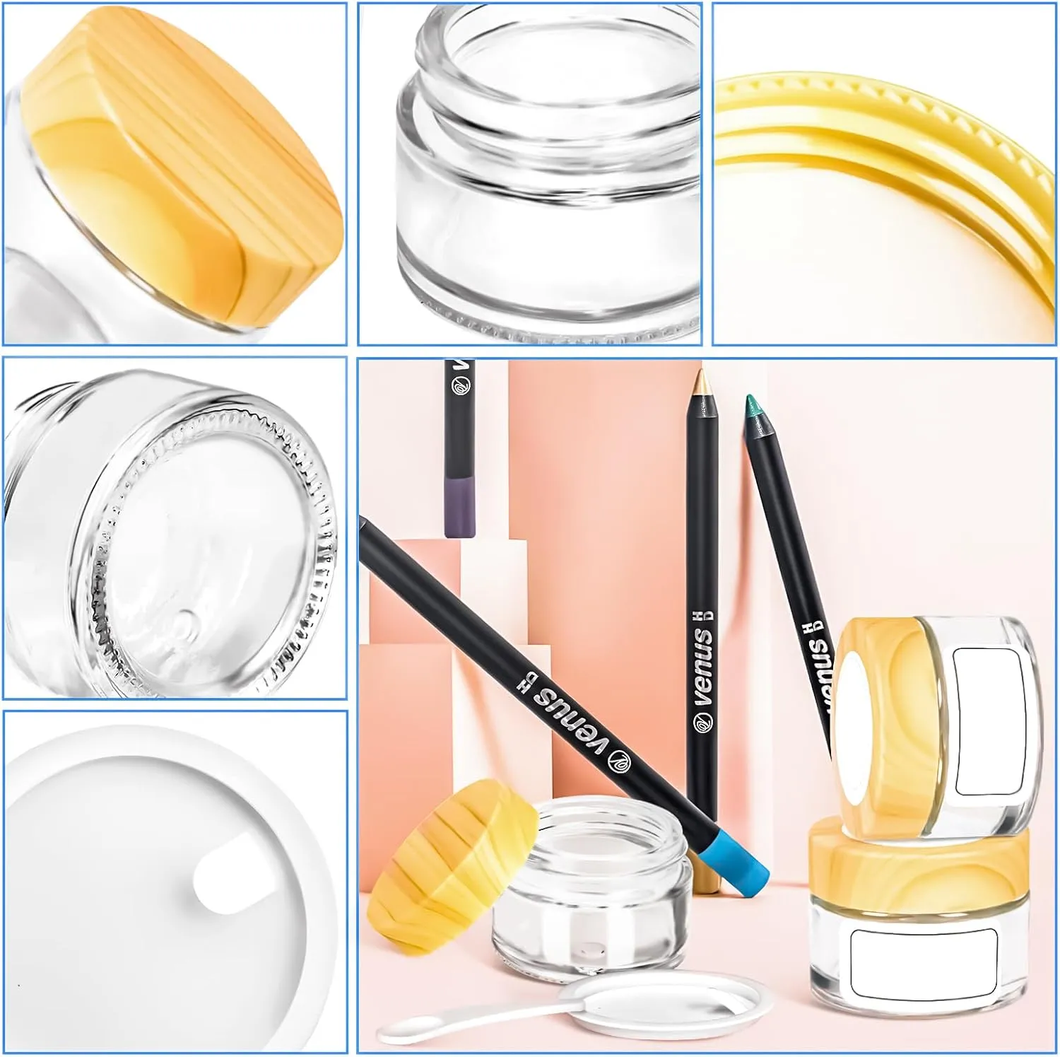 MotBach 6 Pack 1oz Glass Jars with Lids, 1ounce Small Glass Containers with Woodgrain Lid and Inner Liners, 30ml Clear Round Jars Travel Toiletries with Spatula for Makeup Cosmetic Powder Cream Lotion