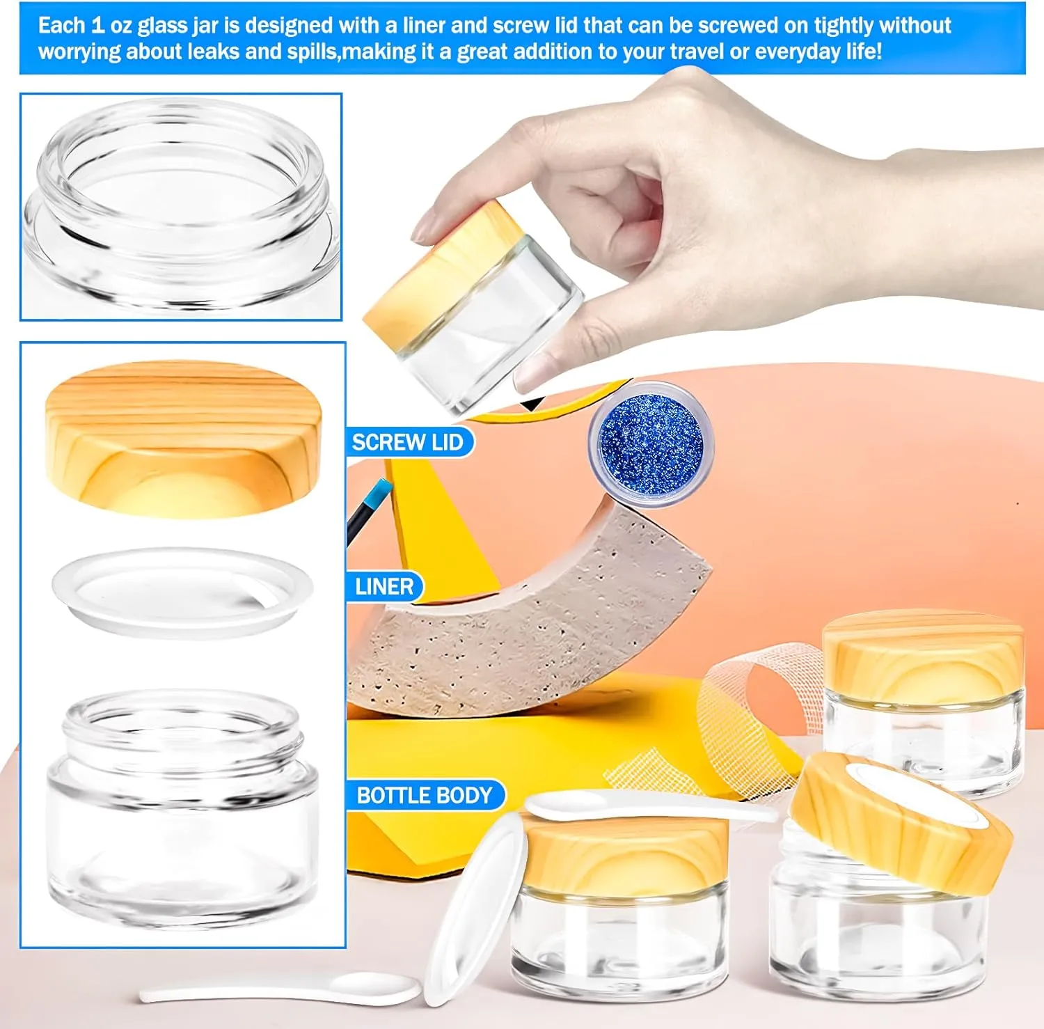 MotBach 6 Pack 1oz Glass Jars with Lids, 1ounce Small Glass Containers with Woodgrain Lid and Inner Liners, 30ml Clear Round Jars Travel Toiletries with Spatula for Makeup Cosmetic Powder Cream Lotion