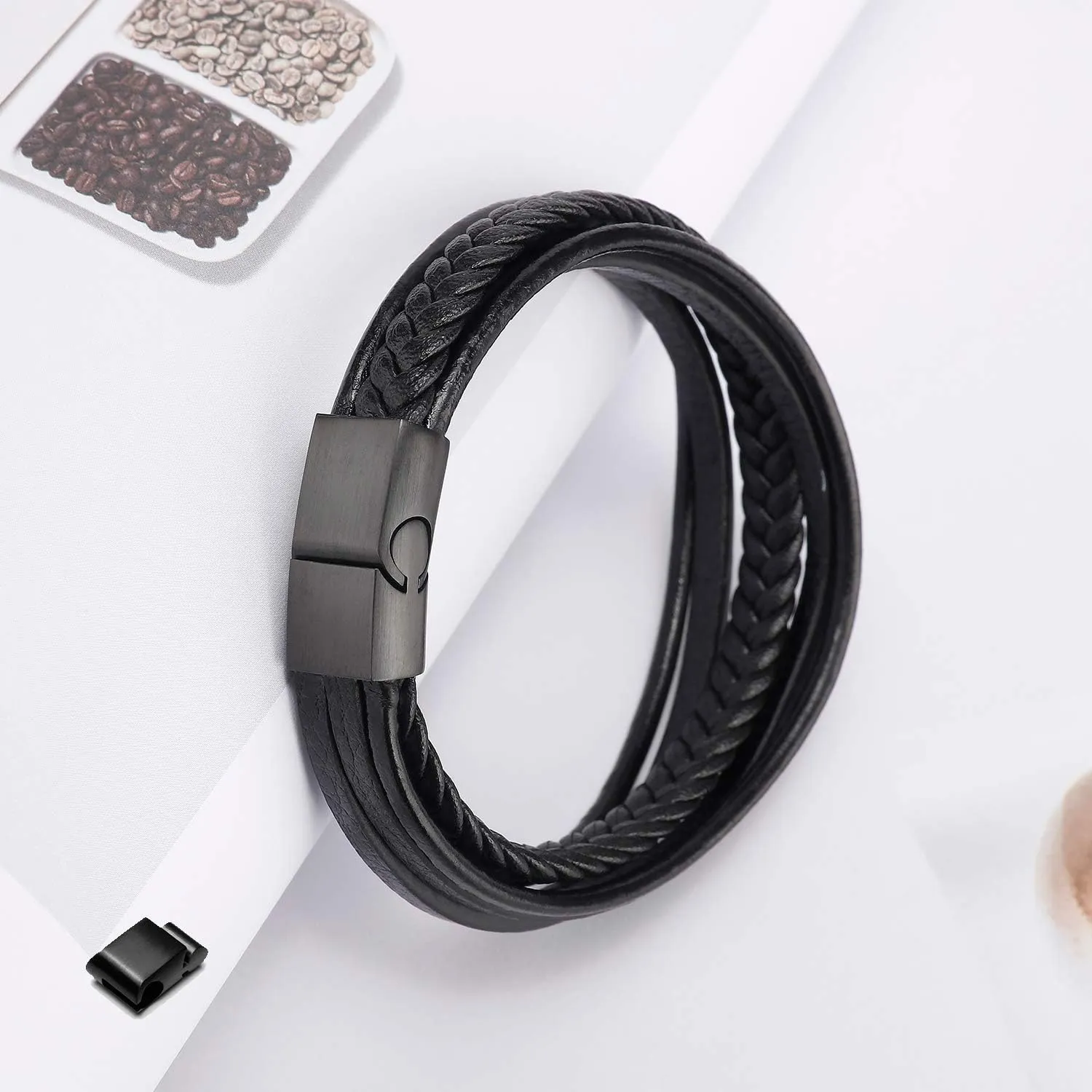 murtoo Mens Leather Bracelet with Clasp Cowhide Multi-Layer Braided Leather Mens Bracelet