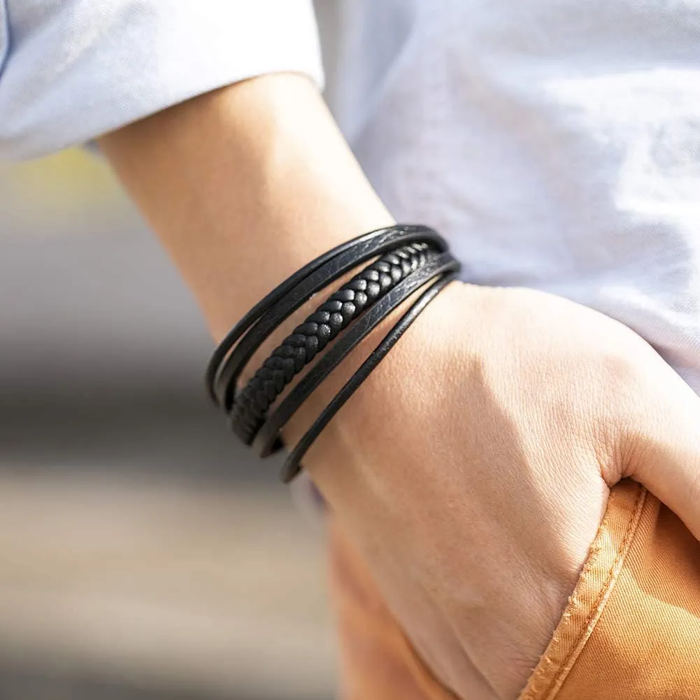 murtoo Mens Leather Bracelet with Clasp Cowhide Multi-Layer Braided Leather Mens Bracelet