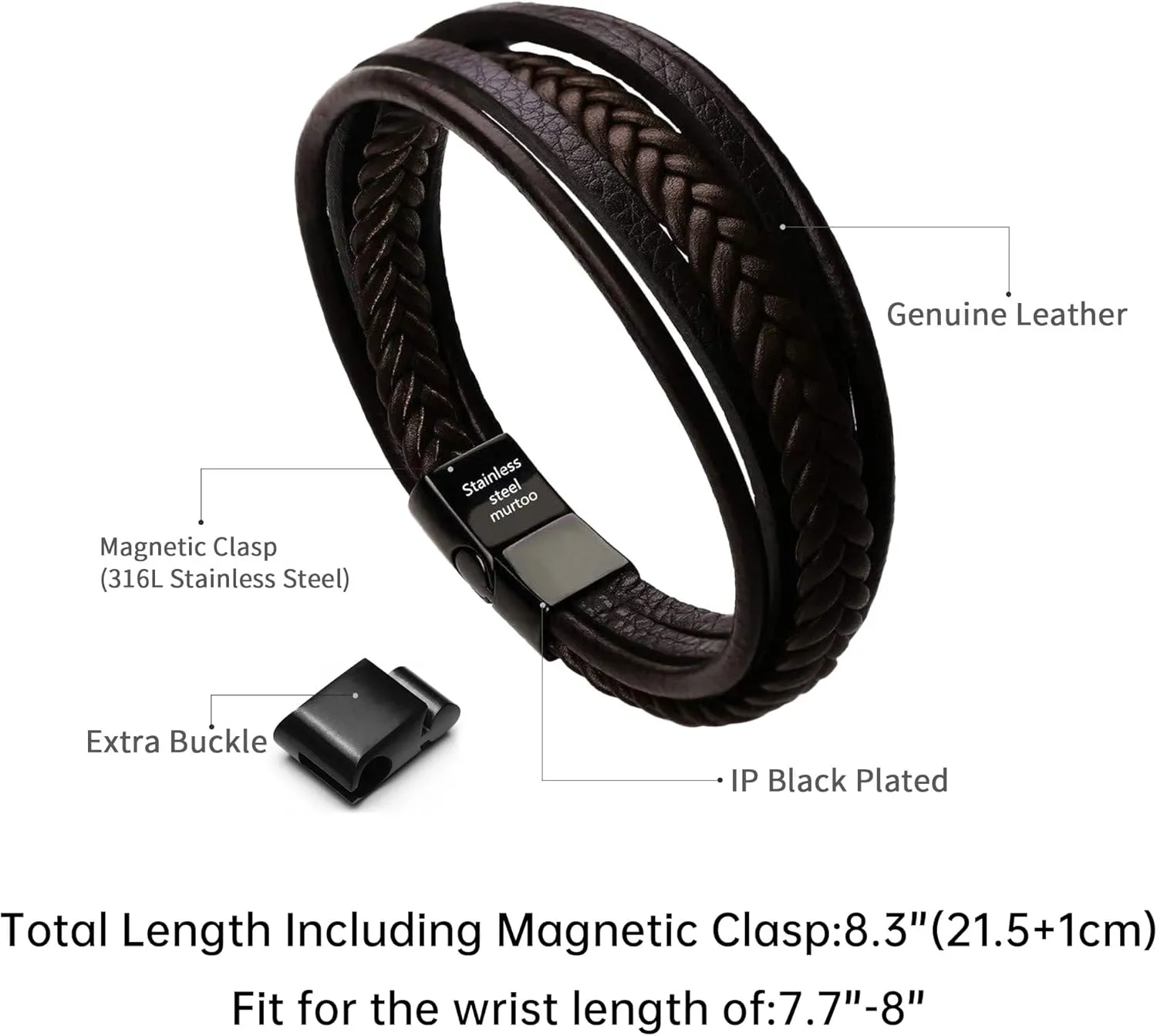 murtoo Mens Leather Bracelet with Clasp Cowhide Multi-Layer Braided Leather Mens Bracelet