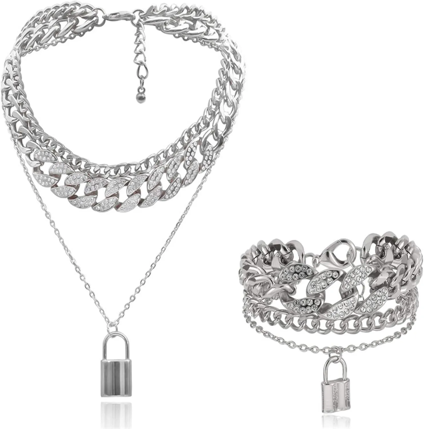 N/Q Layered Hip Hop Chunky Cuban Link Chain Rhinestone Beads Lock Pendant Necklace Bracelet for Women Men Shiny Crystal Bling Punk Cool Unisex Jewelry Set Nightclub Bar Accessory