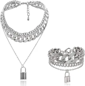 N/Q Layered Hip Hop Chunky Cuban Link Chain Rhinestone Beads Lock Pendant Necklace Bracelet for Women Men Shiny Crystal Bling Punk Cool Unisex Jewelry Set Nightclub Bar Accessory