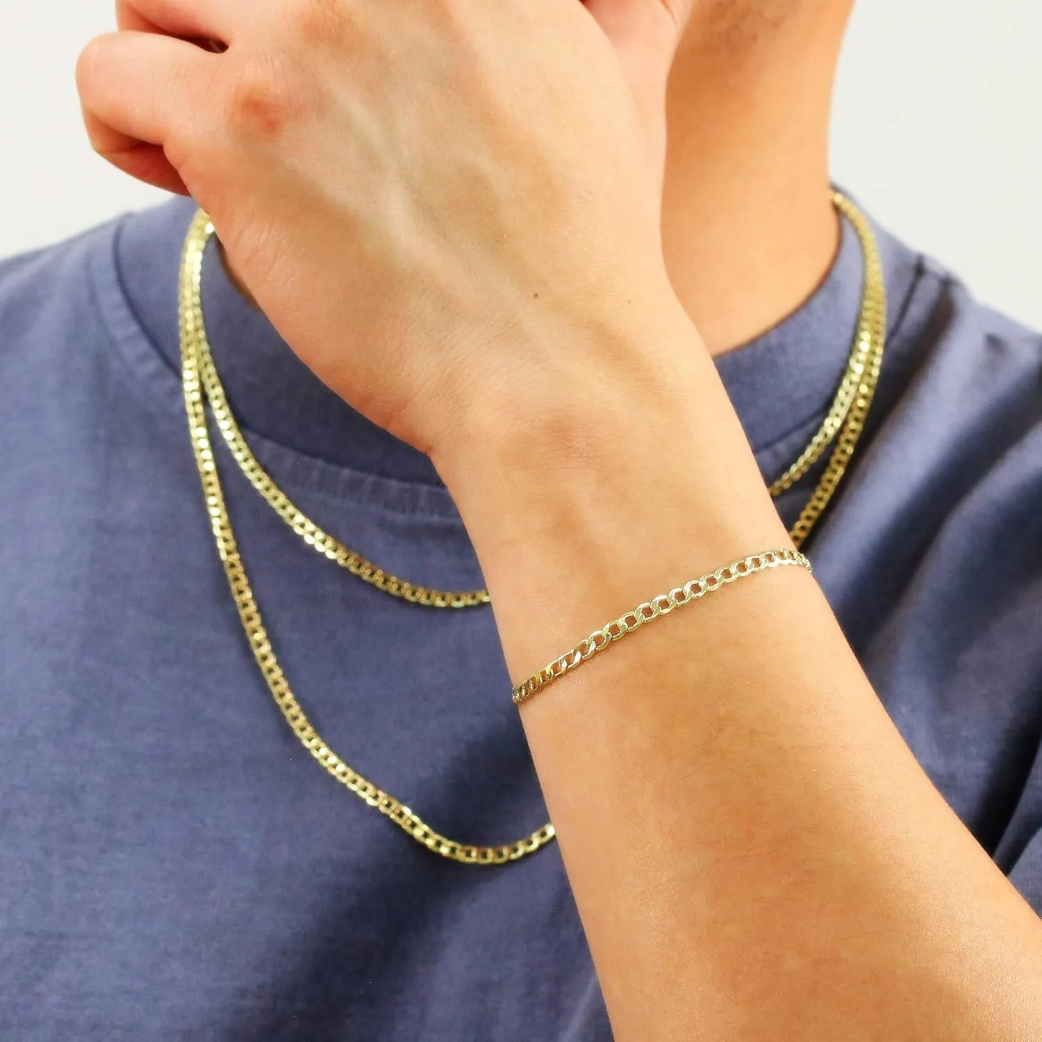 Nuragold 14k Real Yellow Gold Cuban Curb Link 3.5mm Chain Bracelet (7"-9") Italian Jewelry for Men & Women