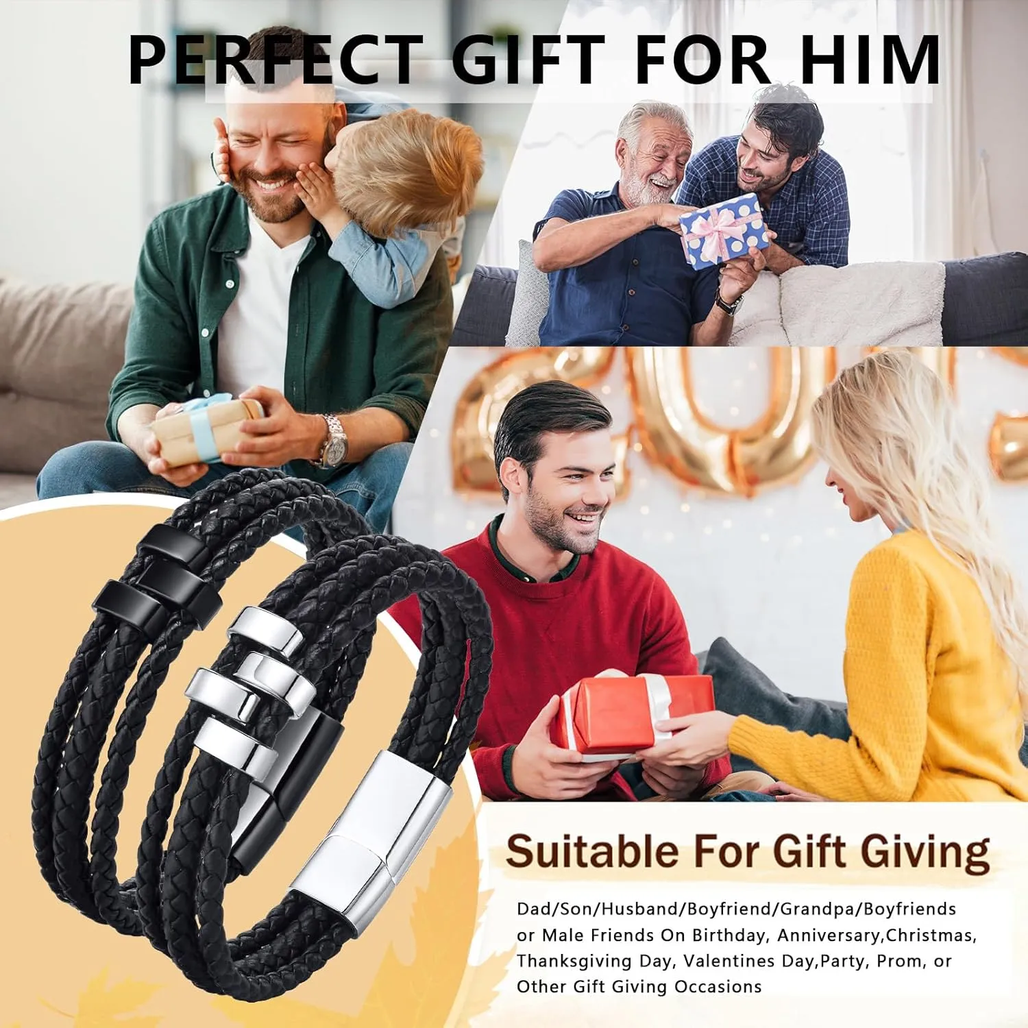 Personalized Leather Bracelet for Men - Custom Engraved Genuine Braided Leather Bracelets with Beads Name, Fathers'Day Jewelry Gifts for Dad Husband Brother Grandpa, Gift Card Included