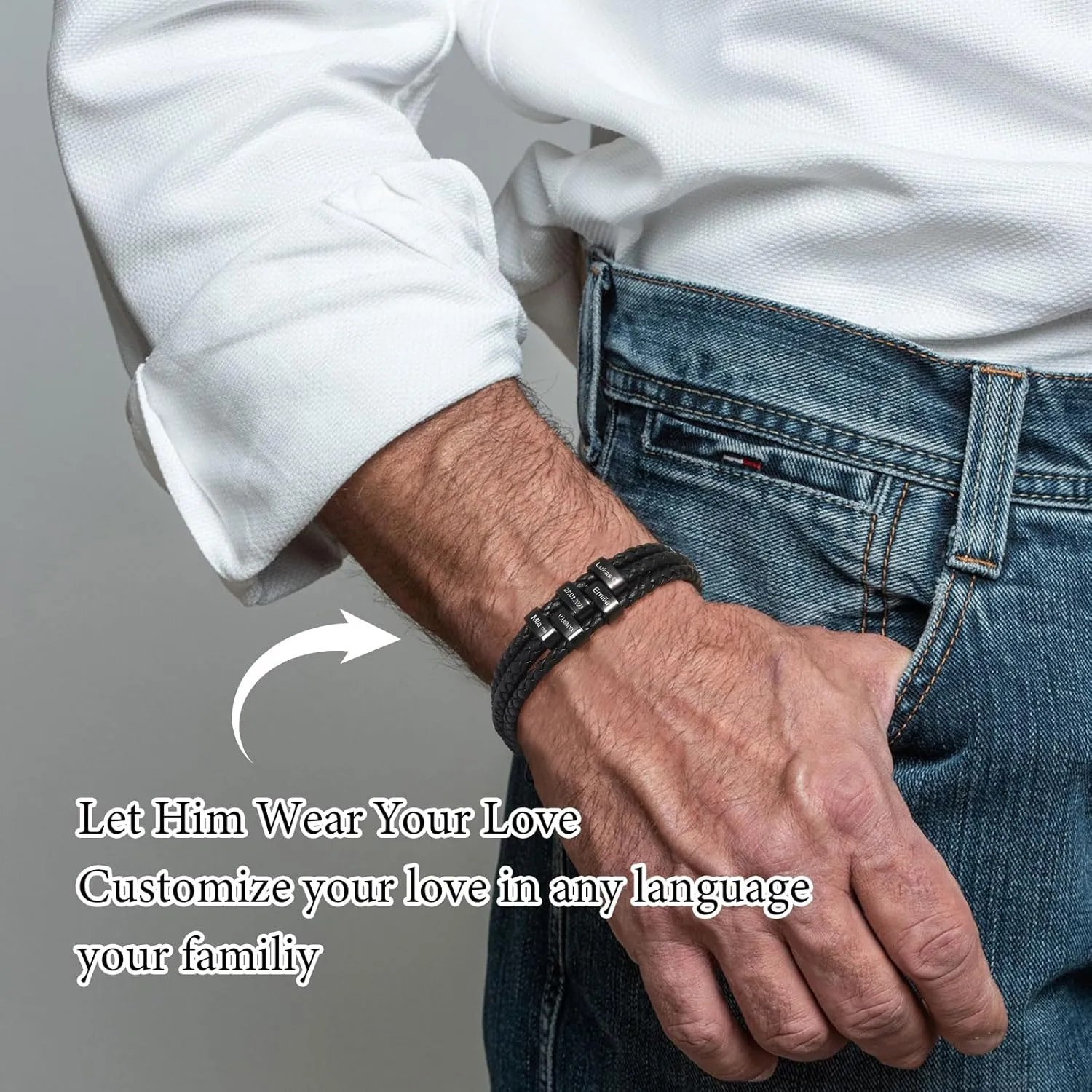 Personalized Leather Bracelet for Men - Custom Engraved Genuine Braided Leather Bracelets with Beads Name, Fathers'Day Jewelry Gifts for Dad Husband Brother Grandpa, Gift Card Included