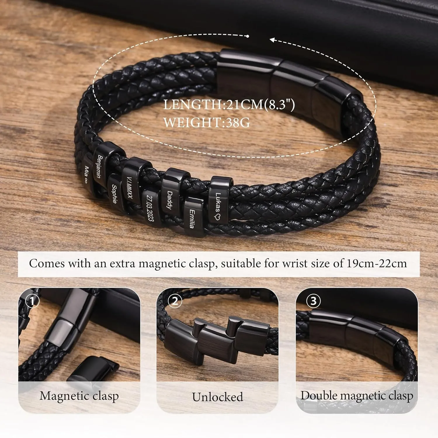Personalized Leather Bracelet for Men - Custom Engraved Genuine Braided Leather Bracelets with Beads Name, Fathers'Day Jewelry Gifts for Dad Husband Brother Grandpa, Gift Card Included