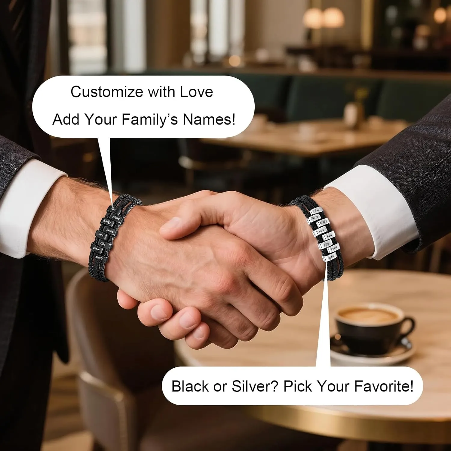 Personalized Leather Bracelet for Men - Custom Engraved Genuine Braided Leather Bracelets with Beads Name, Fathers'Day Jewelry Gifts for Dad Husband Brother Grandpa, Gift Card Included