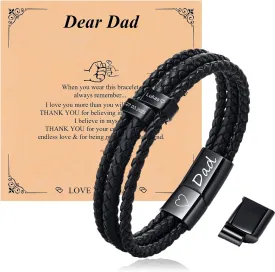 Personalized Leather Bracelet for Men - Custom Engraved Genuine Braided Leather Bracelets with Beads Name, Fathers'Day Jewelry Gifts for Dad Husband Brother Grandpa, Gift Card Included