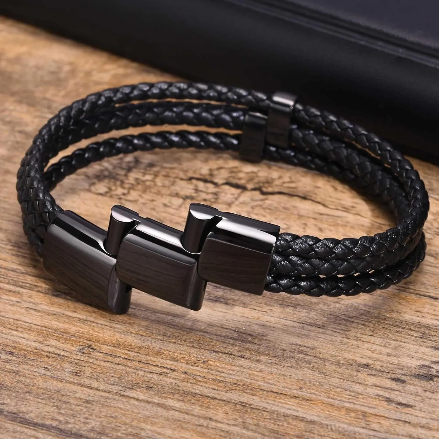 Personalized Leather Bracelet for Men - Custom Engraved Genuine Braided Leather Bracelets with Beads Name, Fathers'Day Jewelry Gifts for Dad Husband Brother Grandpa, Gift Card Included