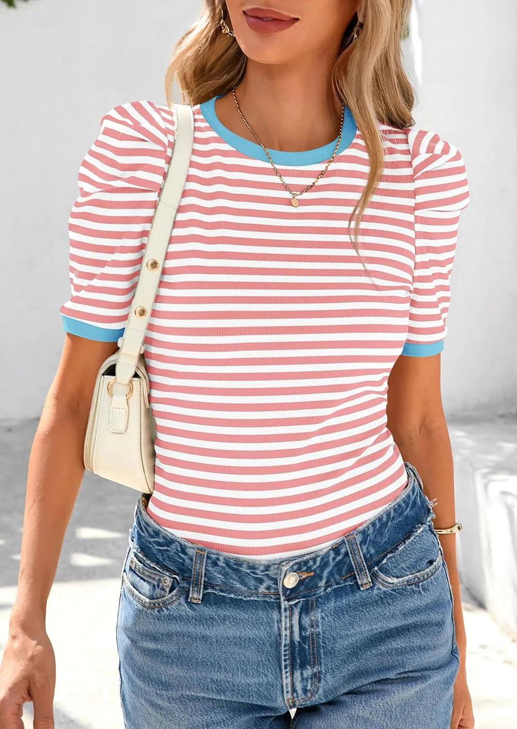 PRETTYGARDEN Women's Summer Puff Sleeve Tops Casual Ribbed Knit Crop Top Color Block Trendy Crewneck Striped Shirts