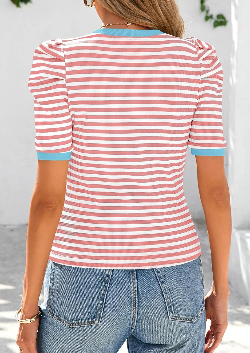 PRETTYGARDEN Women's Summer Puff Sleeve Tops Casual Ribbed Knit Crop Top Color Block Trendy Crewneck Striped Shirts