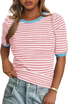 PRETTYGARDEN Women's Summer Puff Sleeve Tops Casual Ribbed Knit Crop Top Color Block Trendy Crewneck Striped Shirts