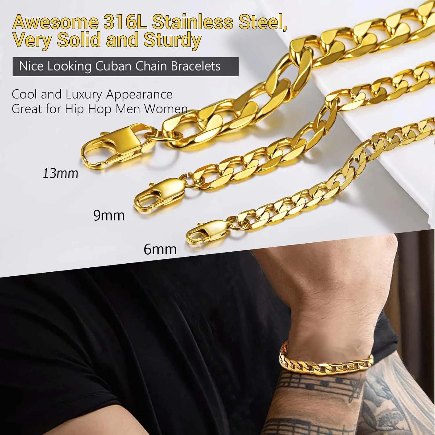 PROSTEEL Mens Cuban Link Bracelet, Black/18K Gold 316L Stainless Steel Cuban Chain Bracelet Hip Hop Jewelry, W: 6mm/9mm/13mm, L: 7.5"/8.3"/9", Come with Box