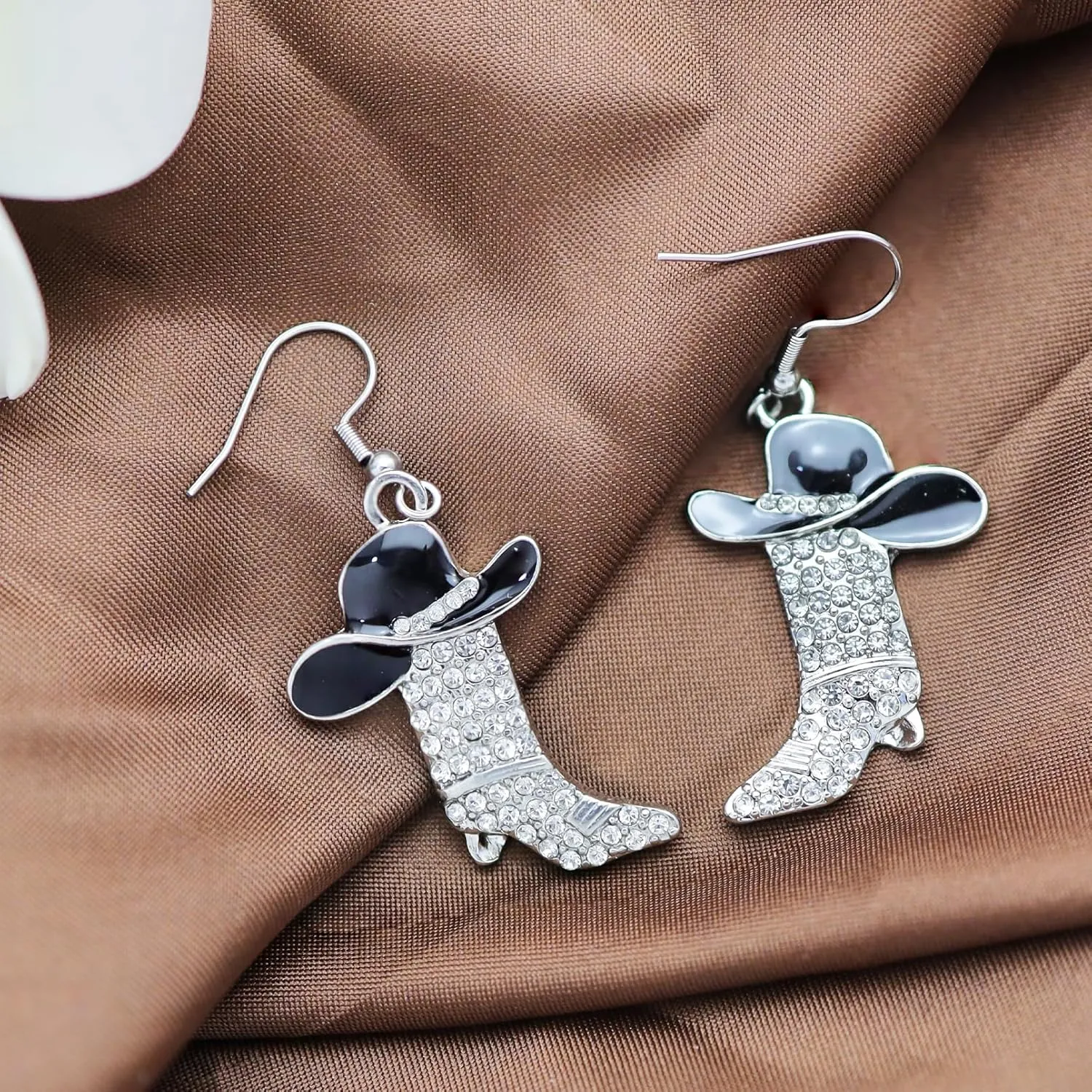 RechicGu Women Western Earrings Silver Symmetric Boots Cowgirl Sparkly Rhinestone Cowboy Enamel Hat Bohemian Rodeo Boot Drop Dangle Earrings