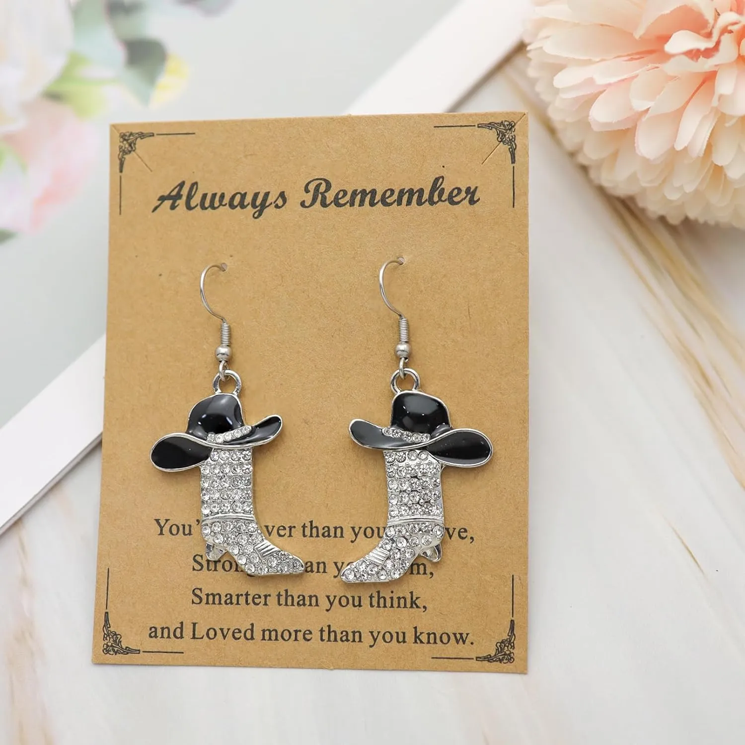 RechicGu Women Western Earrings Silver Symmetric Boots Cowgirl Sparkly Rhinestone Cowboy Enamel Hat Bohemian Rodeo Boot Drop Dangle Earrings