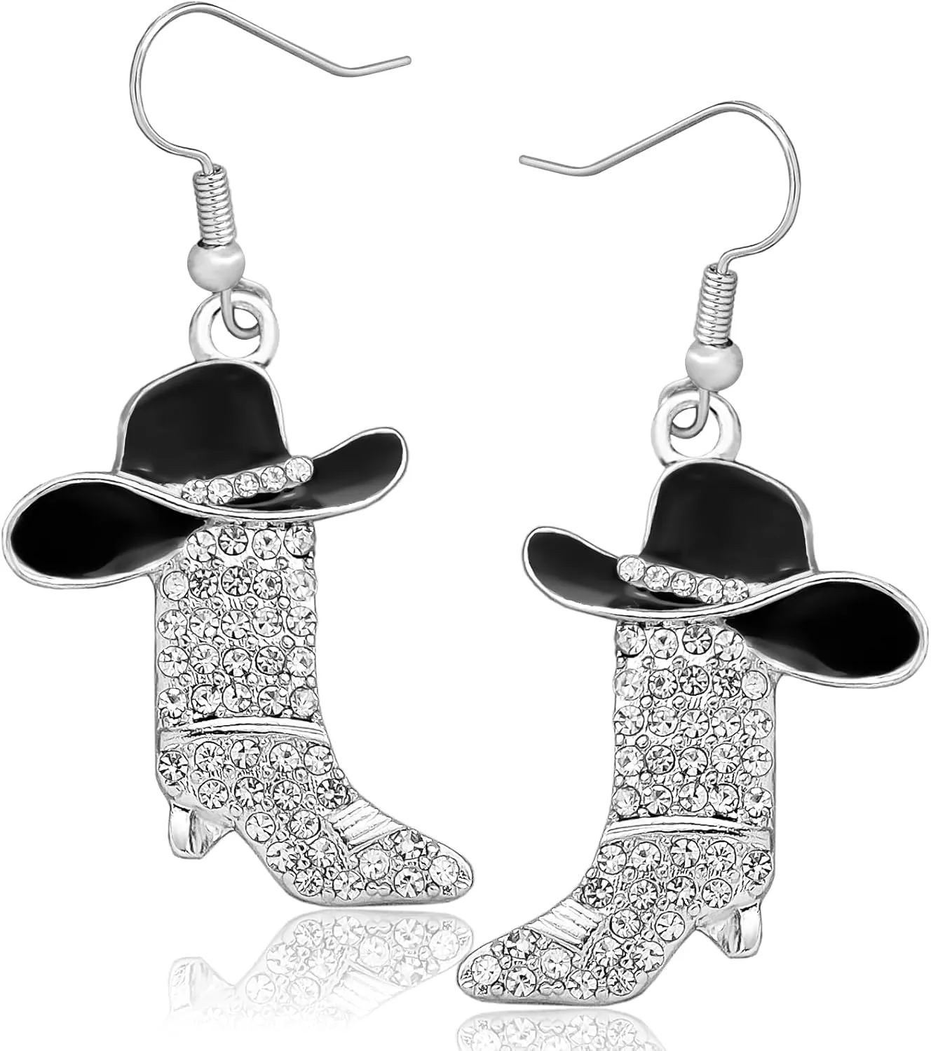 RechicGu Women Western Earrings Silver Symmetric Boots Cowgirl Sparkly Rhinestone Cowboy Enamel Hat Bohemian Rodeo Boot Drop Dangle Earrings