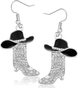 RechicGu Women Western Earrings Silver Symmetric Boots Cowgirl Sparkly Rhinestone Cowboy Enamel Hat Bohemian Rodeo Boot Drop Dangle Earrings