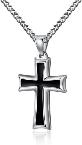 REVEMCN Reve Stainless Steel Black & Silver Cross Pendant Necklace for Men Women, 20-24 Inches Curb Chain