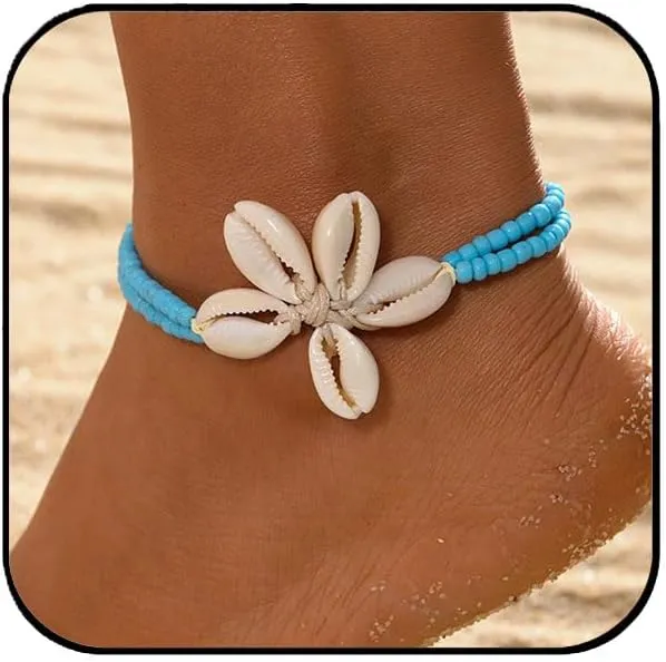 Shell Anklet Bracelet - Bohemian Braided Rope Ankle Chain with Natural Seashells & Blue Beads, Waterproof Beach Jewelry for Summer Vacations/Sea Parties, Women's Boho Foot Accessories